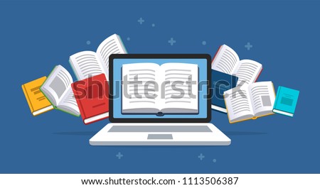 Modern ebooks concept. Laptop with the flying books on the background.
E-books, internet courses and graduation process. Vector illustration in flat style.