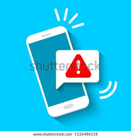 Notification with exclamation sign on the smartphone screen. Vector illustration in flat style.