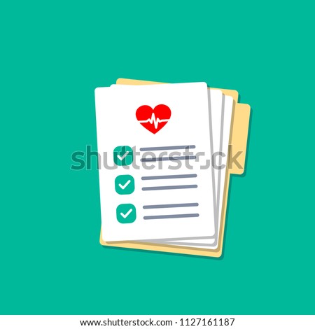 Folder with hospital documents. Doctor paperwork. Medical test results with heartbeat icon. Insurance forms illustration in flat style.