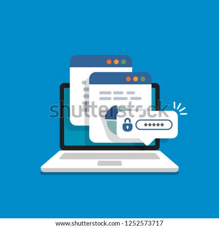 Notification with lock and password on screen computer. Private access to documents. Window with user authorization. Vector illustration in flat style.