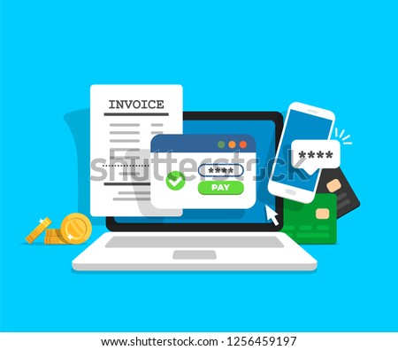 Online payment concept. Laptop with electronic invoice. Financial transaction confirmation via SMS. Coints and card on background.
Vector illustration in flat style.