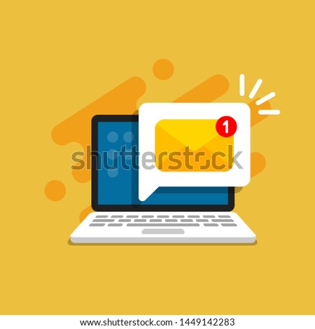 Email message on screen in laptop. Message reminder concept. Newsletter on computer. Vector illustration in flat style.