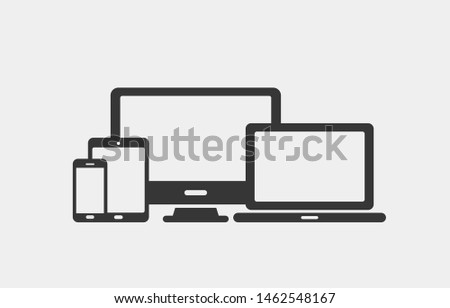 Device icons set. Laptop, computer, desktop pc, tablet, smartphone. Office and home digital gadget. Black symbol for web design. Isolated vector illustratin in white background. Flat style.