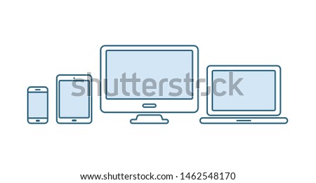 Device icons set. Laptop, computer, desktop pc, tablet, smartphone. Office and home digital gadget. Black symbol for web design. Isolated vector illustratin in white background. Flat style.