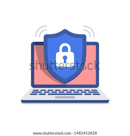 Shield icon with padlock on screen laptop. Security concept. Isolated vector illustration on black background. 