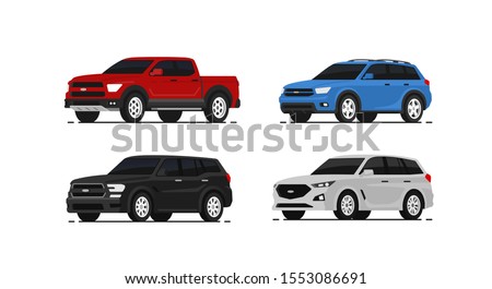 Car suv collection. Auto side view. Red, blue, black and white automobile. Vector illustrayion in flat style.