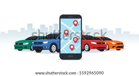 Car sharing and rent service. Online ordering for smartphone. Mobile app ordering automobile vehicle with location marks rent cars sharing. Flat vector illustration.