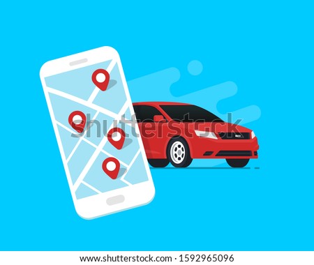 Car sharing and rent service. Online ordering for smartphone. Mobile app ordering automobile vehicle with location mark rent car sharing. Flat vector illustration.