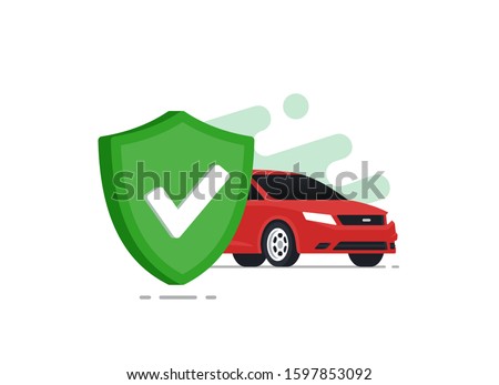 Auto safetyconcept. Car insurance. Red car with green shield. Vector illustration in flat style.