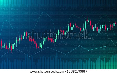 Stock exchange vector background. Stock market candlestick chart. Buy and sell indicators for trade on the chart. Financial diagram with assets values moving up and down. Vector illustration.
