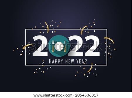 Happy new year 2022. Year 2022 with restaurant, fork and knife icon 