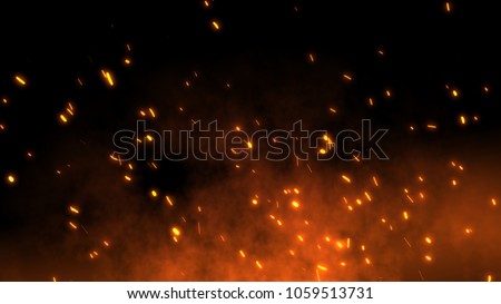 Burning red hot sparks fly from large fire in the night sky. Beautiful abstract background on the theme of fire, light and life. Fiery orange glowing flying away particles over black background in 4k 商業照片 © 