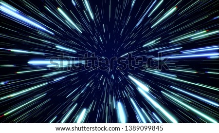 Hyperspace jump through the stars to a distant space. Speed of light, neon glowing rays in motion. Lightspeed space journey through time continuum. Warp journey in wormhole 3D illustration Photo stock © 