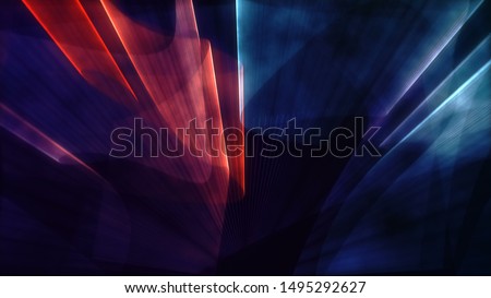 Laser neon red and blue light rays flash and glow. Festive concert club and music hall abstract 3D illustration for pop, rock, rap music show. Colorful design overlay