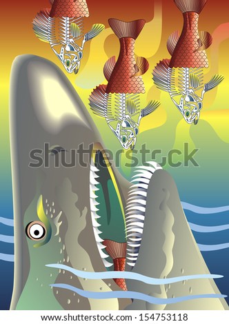 Poster-type illustration of a shark swallowing fish that have been poisoned from polluted waters, showing how this affects the food chain