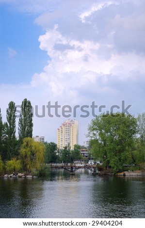 The yellow house near the river. Zaporozhye. Ukraine.