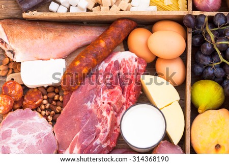 Food full of proteins, meat, fish, eggs, cheese