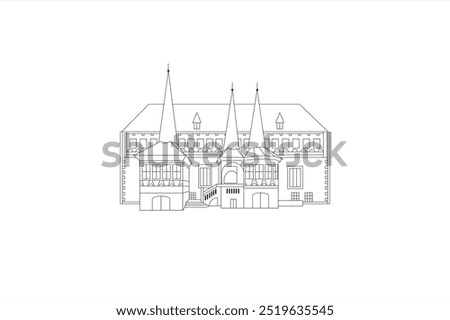 Line illustration of the Medieval Town hall building on the market square in Einbeck, Germany