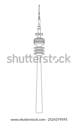 Line illustration of the 291 meter high modern iconic Olympia Communications tower building. Located at the Spiridon-Louis-ring, Olympiapark, Munich, Beieren, Germany