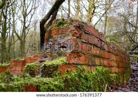 Old torn down brick structure in rural woods Northwest England.