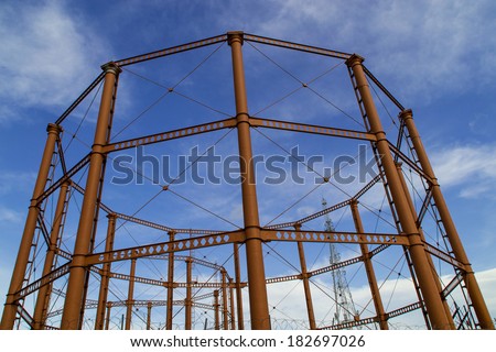 The empty natural gas tank towers in Bolton, England.