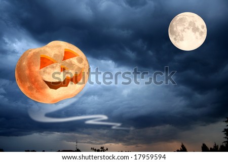 Flying Halloween pumpkin smiling at the moon and imitating  it\'s texture.