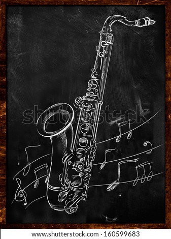 Saxophone drawing sketching on blackboard music wallpaper