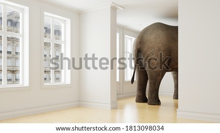 Big elephant in apartment as a funny lack of space and pet concept (3D Rendering)