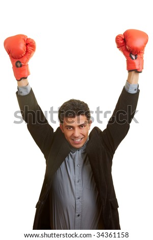 Business man holding his hands up with red boxing gloves
