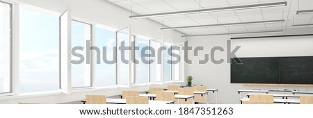 Open windows when ventilating in the classroom of a school due to Covid-19 and coronavirus pandemic (3D Rendering) Imagine de stoc © 