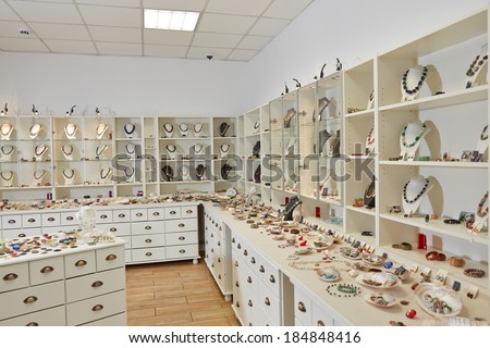 Interior decoration of jewelry store with exhibition display shelfs