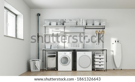Laundry room in the basement with washer and dryer and laundry basket (3D Rendering)