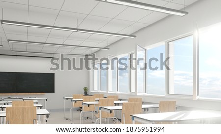 Ventilation through open windows in classrooms at school or university due to Covid-19 and coronavirus (3d rendering) Imagine de stoc © 