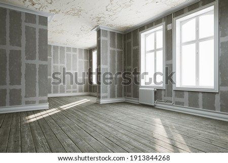 Shell walls in drywall renovation of old building (3d rendering)