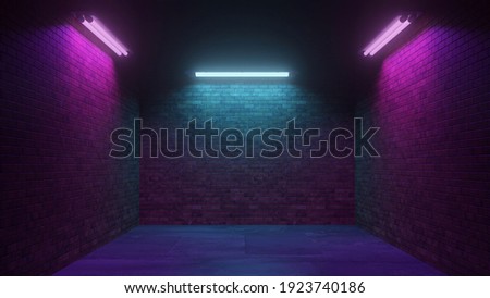 Dark Cyber ??Sci Fi Background with Neon Lights at Night in an Alley or Garage (3D Rendering) Сток-фото © 