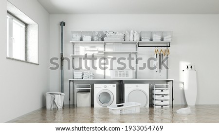 Water damage after a pipe burst in the laundry room with washing machine and dryer (3d rendering)
