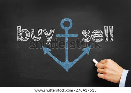 Hand writing buy and sell on blackboard with chalk