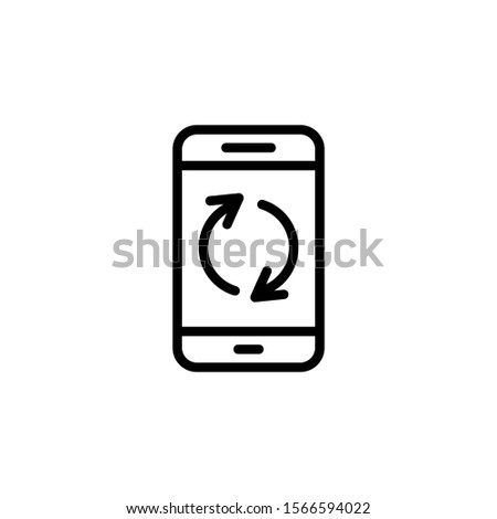 Smartphone update icon in line art style on white background, Telephone upgrade screen linear style sign for mobile concept and web design, Mobile phone refresh arrows outline vector icon
