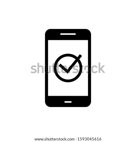 Payment approved icon, green checkmark on smartphone black flat design isolated  icon in linear style on white background