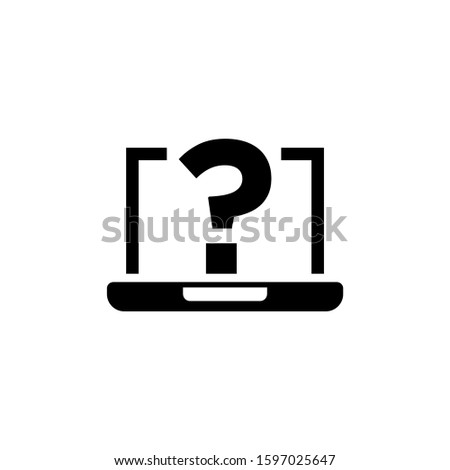 Laptop icon with question mark in black flat on white background, Notebook icon and help, how to, info, query symbol