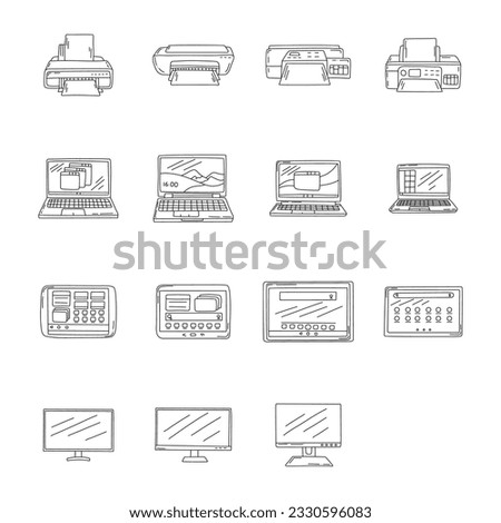 Gadgets doodle set, Printer, computer tablet, laptop, and monitor doodle vector isolated on white background