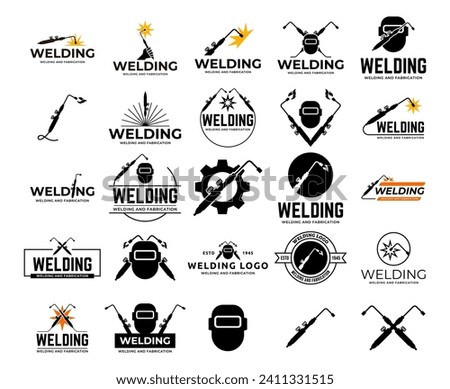 Flat illustration welding torch logo design. Welder tool with spark vector design. Welding work logotype