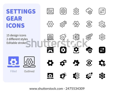 Settings Gear Icons Filled and Outlined web icon set. Such as update, install, wrench, system, Simple vector illustration editable stroke.