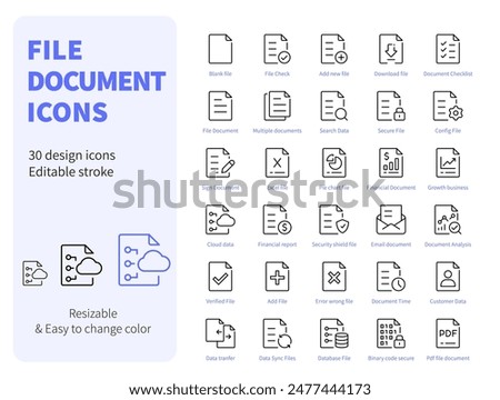 File Document Icons set. Such as financial report, cloud data, document analysis. Simple vector illustration editable stroke.