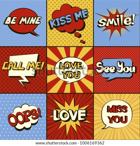 Set of comic speech bubbles. Pop art objects. Expressions Smile!, Love you, Call me, See you, Miss you, Love, Be mine, Kiss me, Oops! Traditional colors of retro comics. Vector illustration. Stock fotó © 