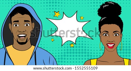 Template advertising poster in the style of pop art. African American people. Vector illustration