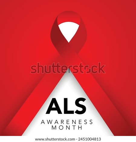 Als awareness month. Vector banner for social media, card, poster. Illustration with text ALS awareness month, amyotrophic lateral sclerosis. Red striped ribbon on a white and red background