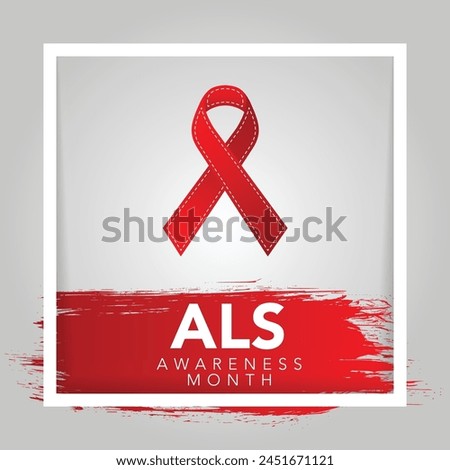 Als awareness month. Vector banner for social media, card, poster. Illustration with text ALS awareness month, amyotrophic lateral sclerosis. Red striped ribbon on a white and red background