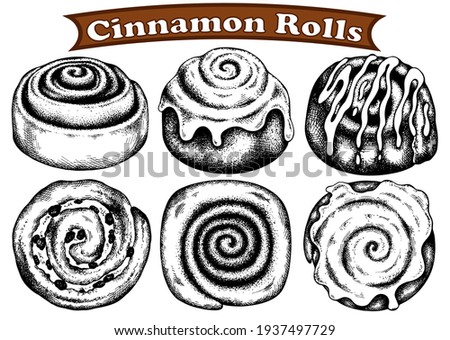 Sketch hand drawn black cinnamon rolls isolated on white background. Line art cinnabon roll. Cinnamon roll with cream, raisins. Vintage, retro food.Vector illustration