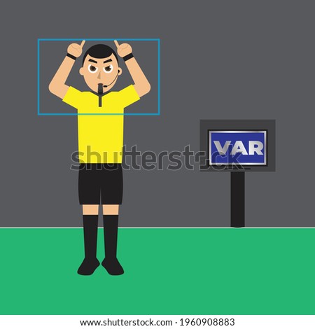 A vector of referee doing Video Assistant Referee with the VAR word at monitor screen. VAR make football loss it beauty. Imagine de stoc © 
